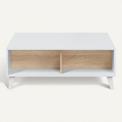 Table basse avec plateau relevable ZAIKEN chêne et blanc brillant vue de face