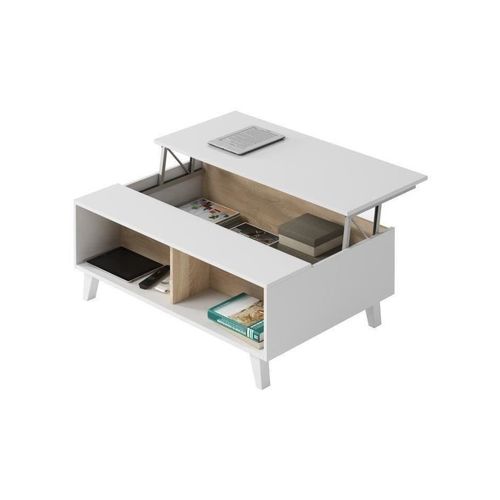 Table basse avec plateau relevable ZAIKEN chêne et blanc brillant