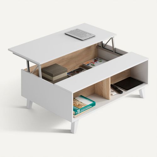 Table basse avec plateau relevable ZAIKEN chêne et blanc brillant