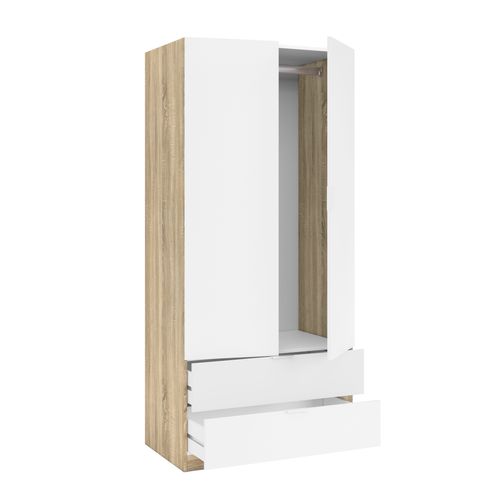 Armoire 2 portes 2 tiroirs LINEA Imitation chêne et blanc