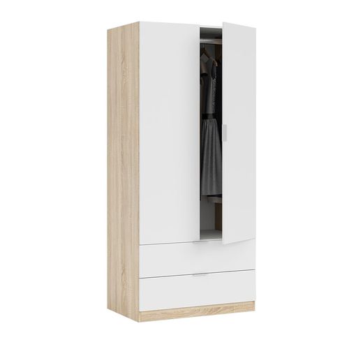 Armoire 2 portes 2 tiroirs LINEA Imitation chêne et blanc