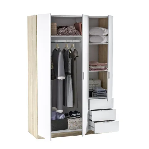 Armoire ZOA 3 tiroirs et 3 portes L. 120 cm Blanc et imitation chêne