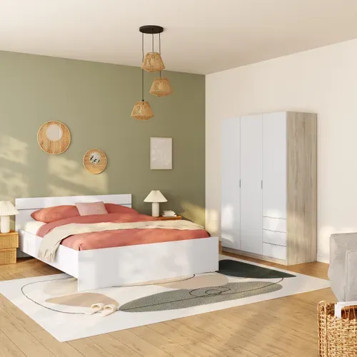 Armoire ZOA 3 tiroirs et 3 portes L. 120 cm Blanc et imitation chêne