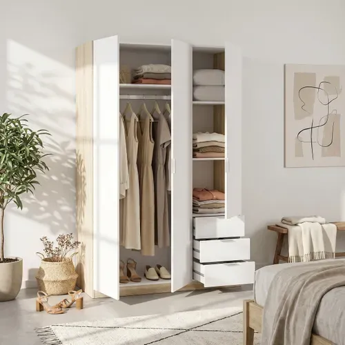 Armoire ZOA 3 tiroirs et 3 portes L. 120 cm Blanc et imitation chêne