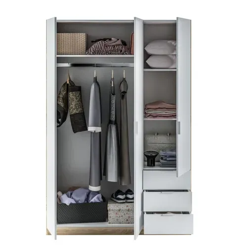 Armoire ZOA 3 tiroirs et 3 portes L. 120 cm Blanc et imitation chêne
