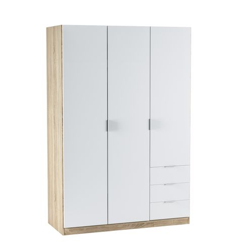 Armoire ZOA 3 tiroirs et 3 portes L. 120 cm Blanc et imitation chêne