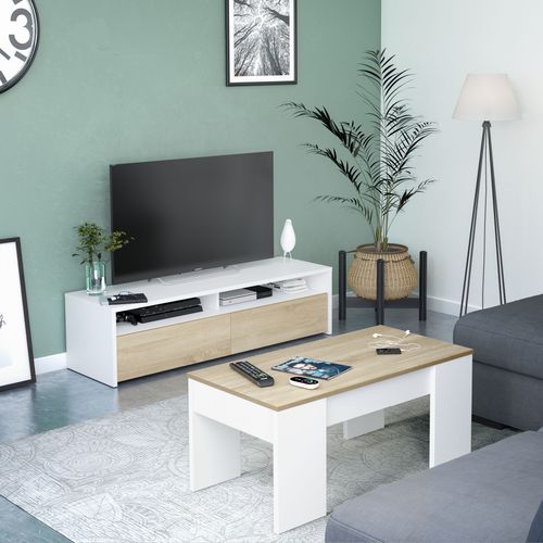 Meuble TV L.130 cm COLINE blanc et imitation chêne