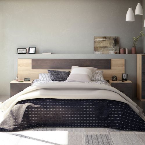 Tete de lit + 2 chevets AYALA imitation chêne et noir