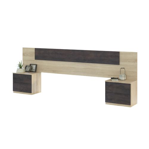 Tete de lit + 2 chevets AYALA imitation chêne et noir