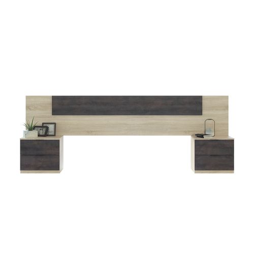 Tete de lit + 2 chevets AYALA imitation chêne et noir