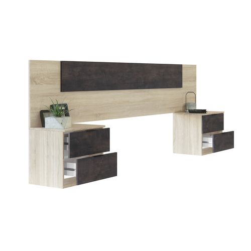 Tete de lit + 2 chevets AYALA imitation chêne et noir