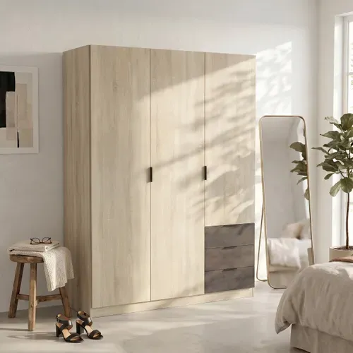 Armoire 3 portes + 3 tiroirs AYALA imitation Chêne et noir vue d'ambiance 1