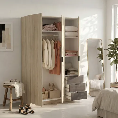 Armoire 3 portes + 3 tiroirs AYALA imitation Chêne et noir