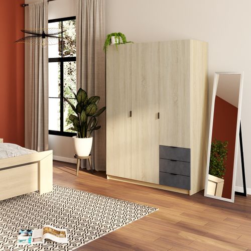 Armoire 3 portes + 3 tiroirs AYALA imitation Chêne et noir