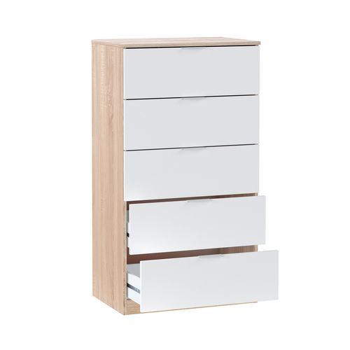 Commode 5 tiroirs LINEA - Blanc et imitation chêne