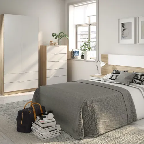 Commode 5 tiroirs LINEA - Blanc et imitation chêne