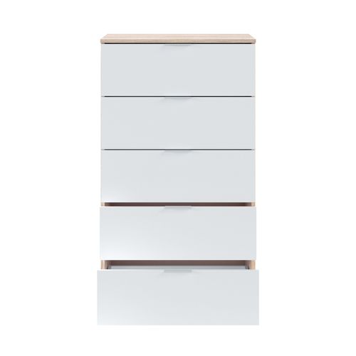 Commode 5 tiroirs LINEA - Blanc et imitation chêne