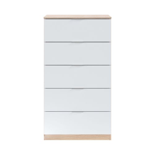 Commode 5 tiroirs LINEA - Blanc et imitation chêne