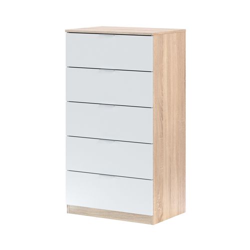 Commode 5 tiroirs LINEA - Blanc et imitation chêne