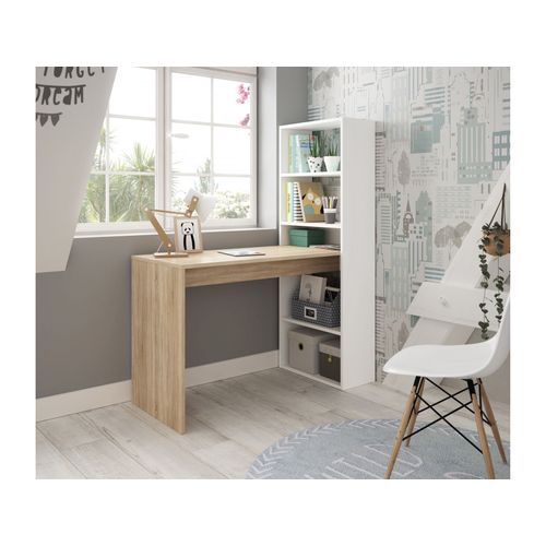 Bureau Adele Avec Étagère De Rangement Réversible Intégrée L120cm X P53cm X H144cm - Blanc Et Bois