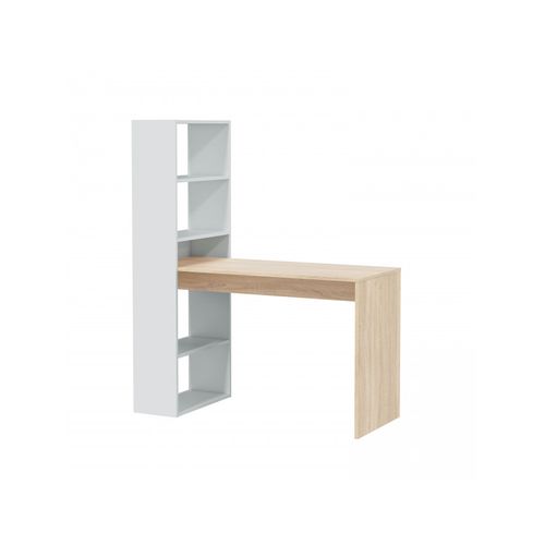 Bureau Adele Avec Étagère De Rangement Réversible Intégrée L120cm X P53cm X H144cm - Blanc Et Bois