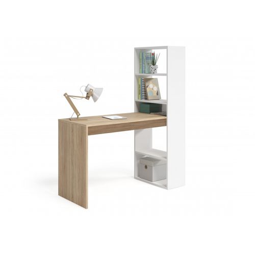 Bureau Adele Avec Étagère De Rangement Réversible Intégrée L120cm X P53cm X H144cm - Blanc Et Bois