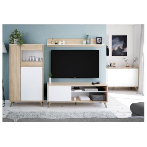 Meuble TV Laura 2 Niches, 1 Porte Et Étagère Murale L135cm - Blanc / Bois