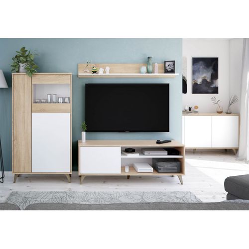 Meuble TV Laura 2 Niches, 1 Porte Et Étagère Murale L135cm - Blanc / Bois