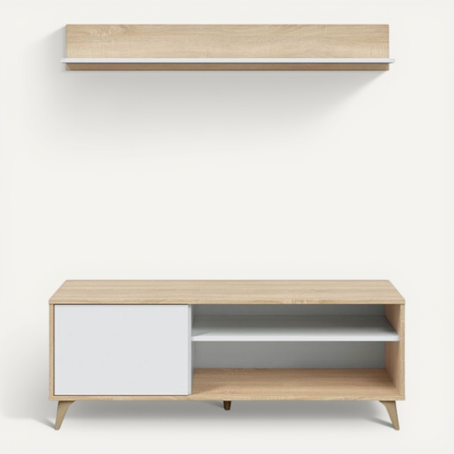 Meuble TV Laura 2 Niches, 1 Porte Et Étagère Murale L135cm - Blanc / Bois