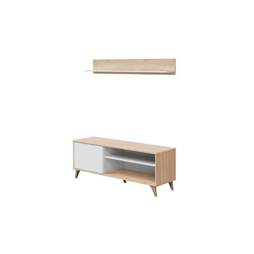 Meuble TV Laura 2 Niches, 1 Porte Et Étagère Murale L135cm - Blanc / Bois