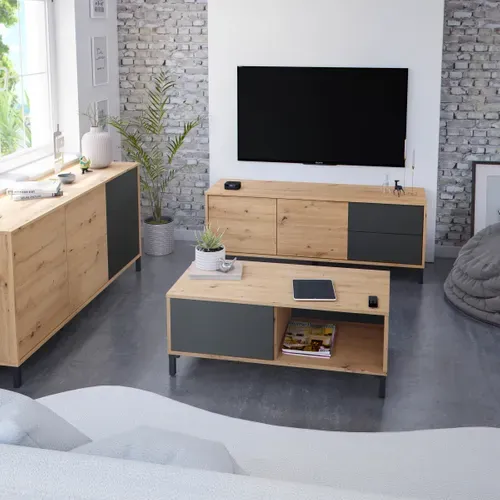 Meuble TV 2 portes 2 tiroirs L.130 cm BERTILLE imitation chêne et anthracite