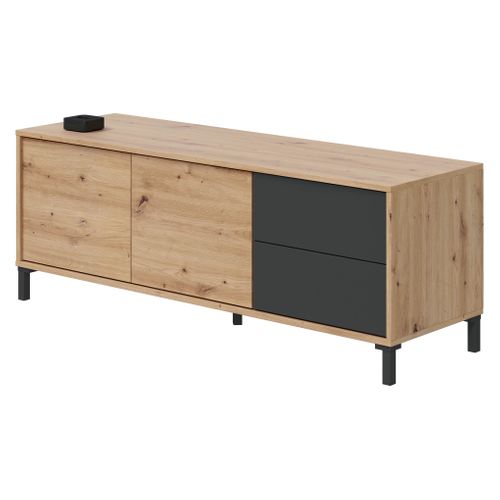 Meuble TV 2 portes 2 tiroirs L.130 cm BERTILLE imitation chêne et anthracite