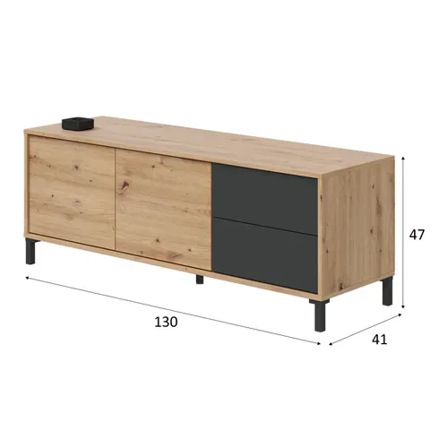 Meuble TV 2 portes 2 tiroirs L.130 cm BERTILLE imitation chêne et anthracite
