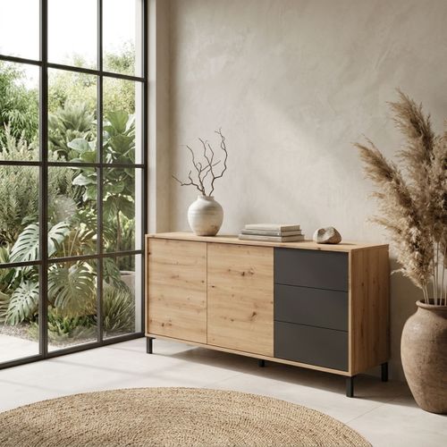 Buffet 2 portes 3 tiroirs BERTILLE imitation chêne/gris anthracite