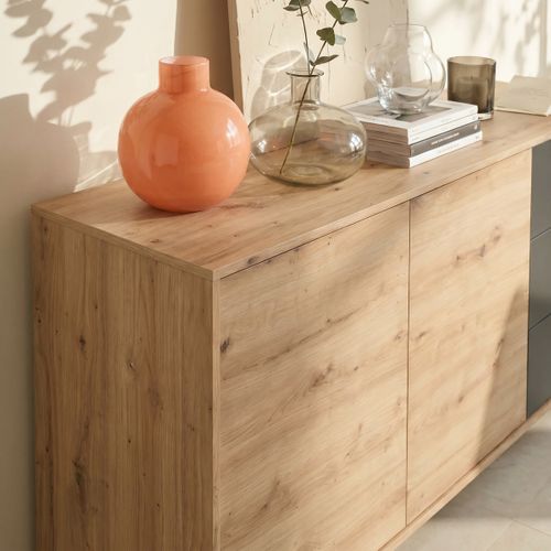 Buffet 2 portes 3 tiroirs BERTILLE imitation chêne/gris anthracite