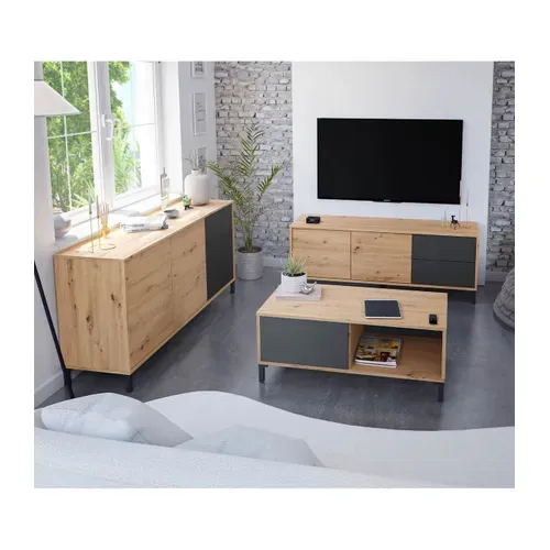 Buffet 2 portes 3 tiroirs BERTILLE imitation chêne/gris anthracite