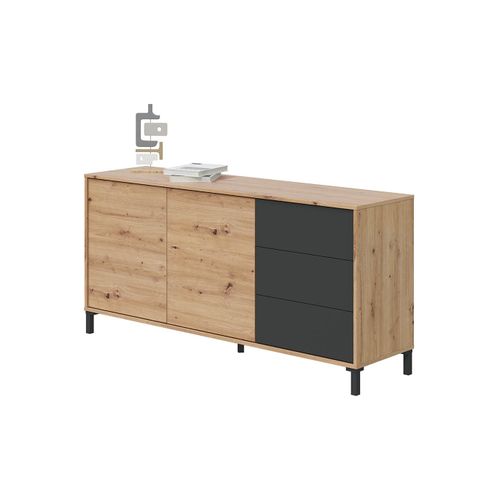 Buffet 2 portes 3 tiroirs BERTILLE imitation chêne/gris anthracite
