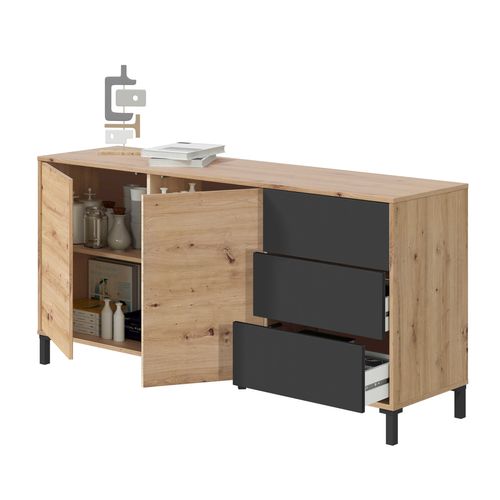 Buffet 2 portes 3 tiroirs BERTILLE imitation chêne/gris anthracite