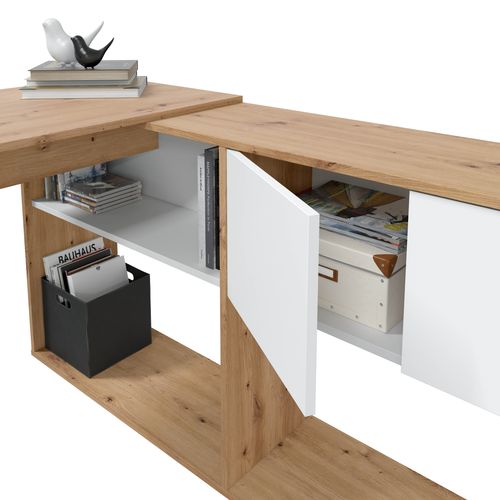 Bureau modulable avec étagères DUO imitation chêne et blanc