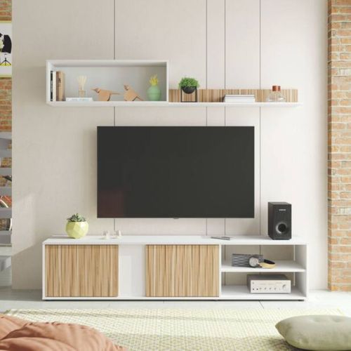 Meuble TV 180 cm ETHNA imitation chêne/ blanc