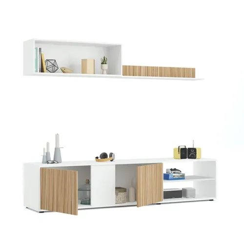 Meuble TV 180 cm ETHNA imitation chêne/ blanc