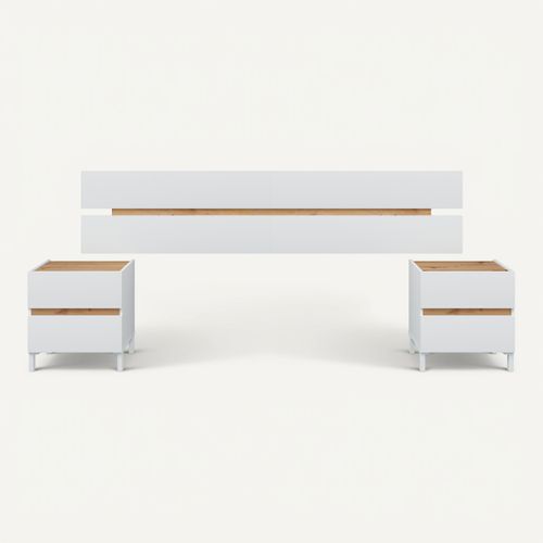 Tête de lit suspendu avec 2 chevets TESSA imitation chêne et blanc vue 3/4
