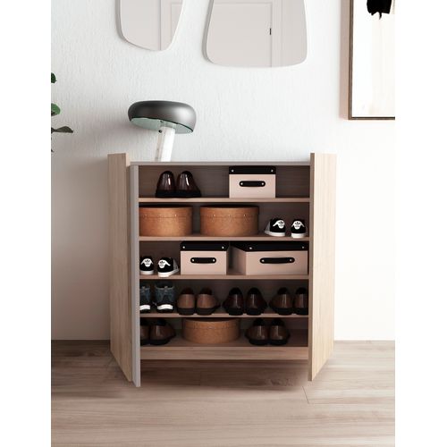Meuble à Chaussures, Modèle Odda, Avec Deux Portes, En Couleur Chêne Clair Et Taupe