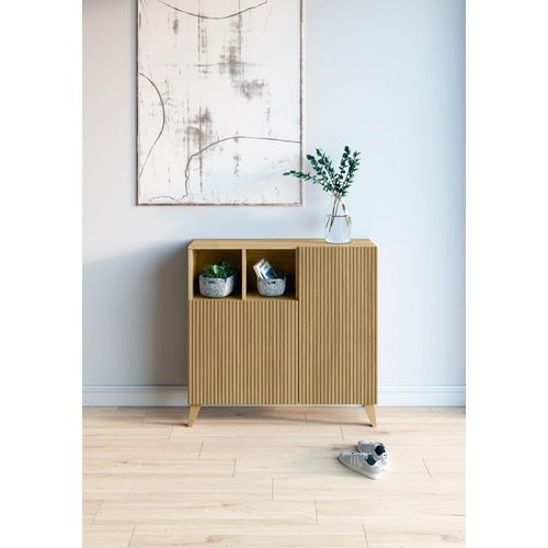 Meuble à Chaussures Modèle Moss, Chêne Doré Portes Dessin Lattes