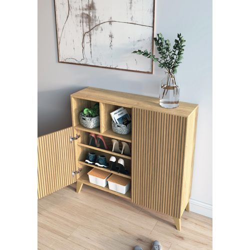 Meuble à Chaussures Modèle Moss, Chêne Doré Portes Dessin Lattes