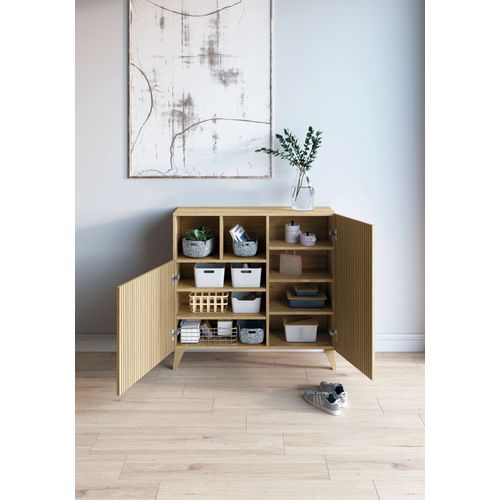 Meuble à Chaussures Modèle Moss, Chêne Doré Portes Dessin Lattes