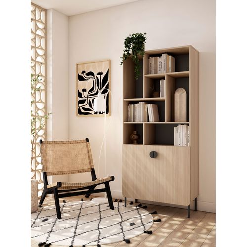 Bibliothèque Multifonction Tokyo Mélaminé, 8 Compartiments, Noyer Clair Et Graphite, 178x80x31cm