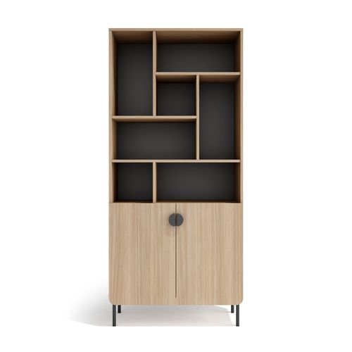 Bibliothèque Multifonction Tokyo Mélaminé, 8 Compartiments, Noyer Clair Et Graphite, 178x80x31cm