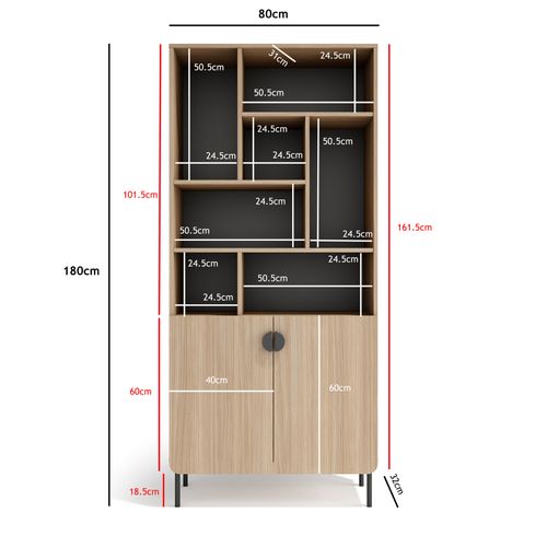 Bibliothèque Multifonction Tokyo Mélaminé, 8 Compartiments, Noyer Clair Et Graphite, 178x80x31cm