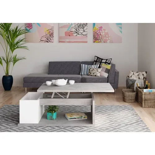 Table basse plateau relevable avec coffre DESPACITO Imitation béton et blanc vue d'ambiance 1